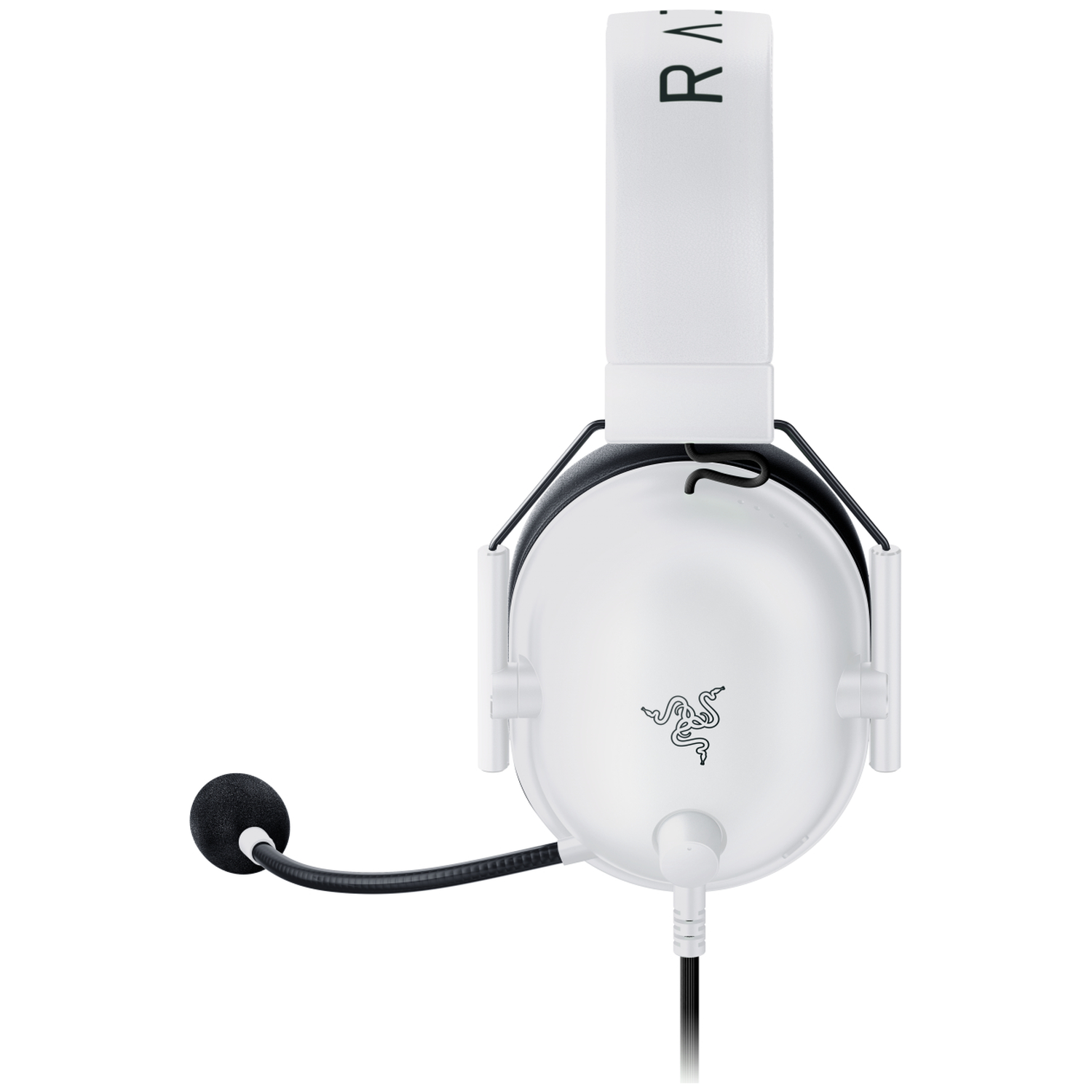 White Razer headphones with microphone, logo, and text.
