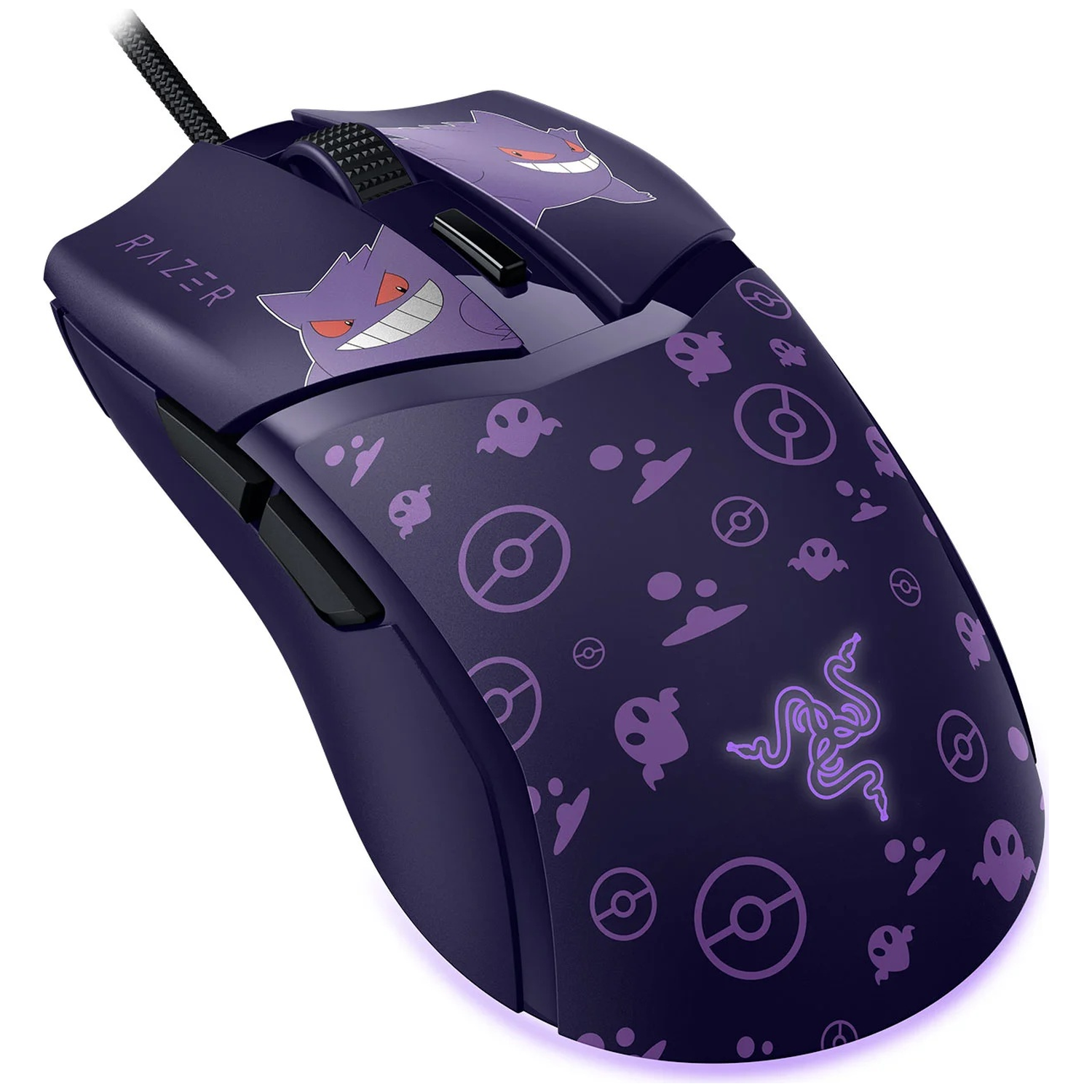Donkerpaarse Razer gamingmuis met Gengar-graphics en Pokeballs.
