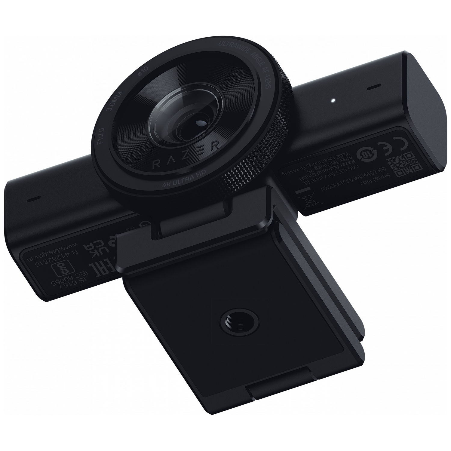 Black Razer webcam featuring ultrawide angle lens and 4K Ultra HD resolution.