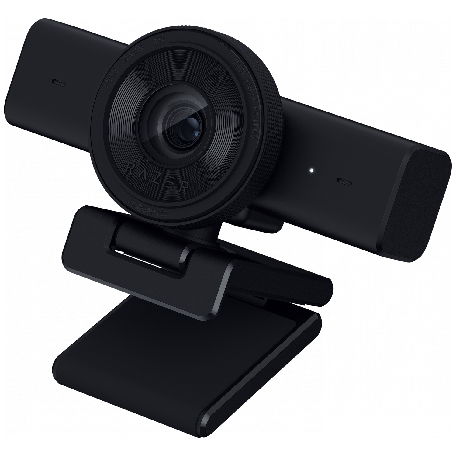 Une webcam Razer noire avec objectif grand angle et support intégré.