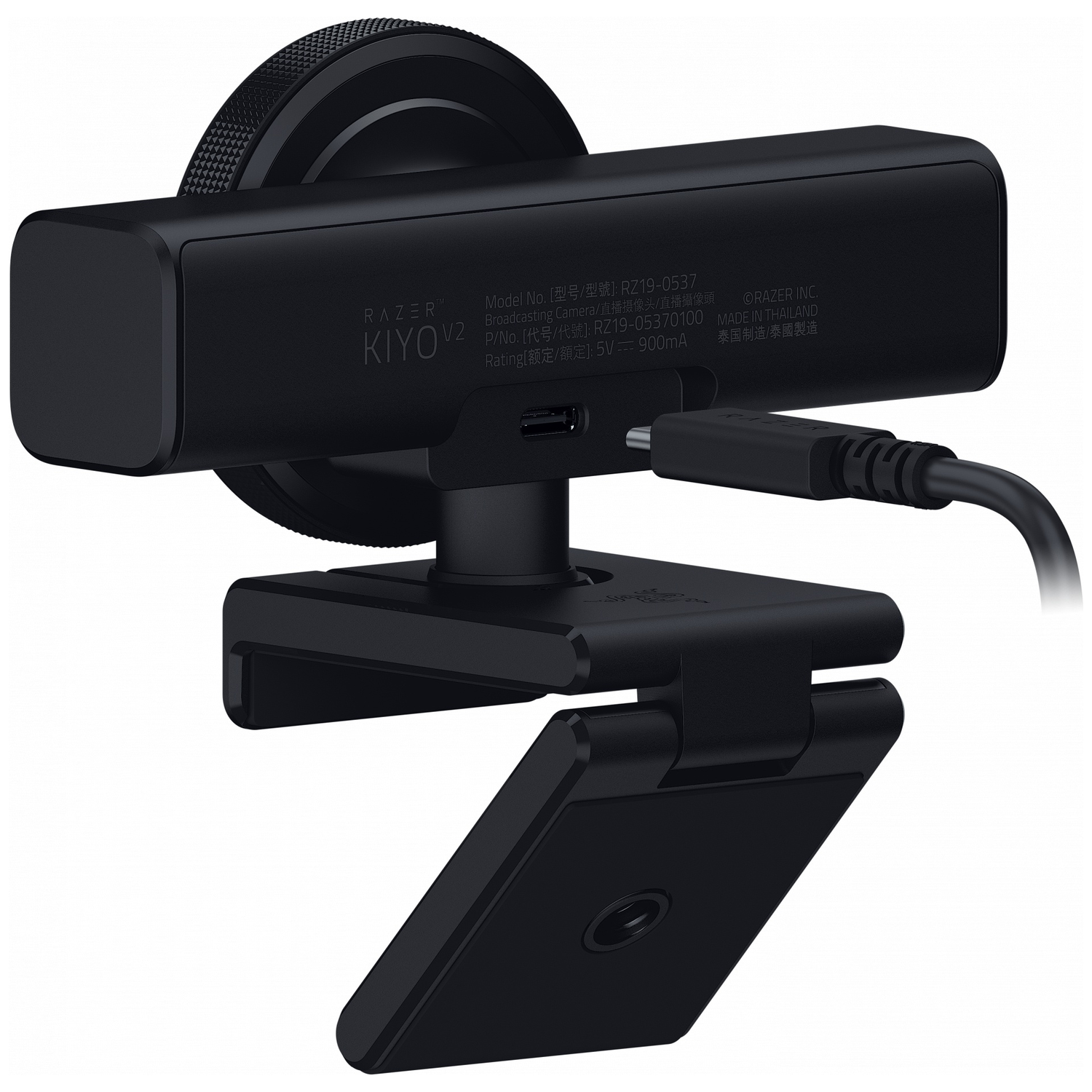 Black Razer Kiyo V2 webcam with USB-C cable and adjustable stand.