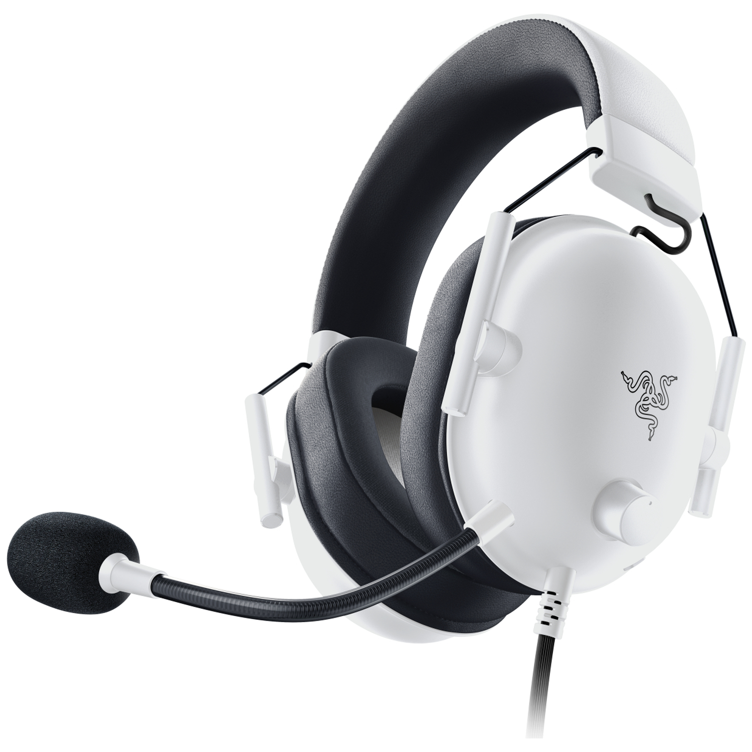 White gaming headset with a black headband and microphone.