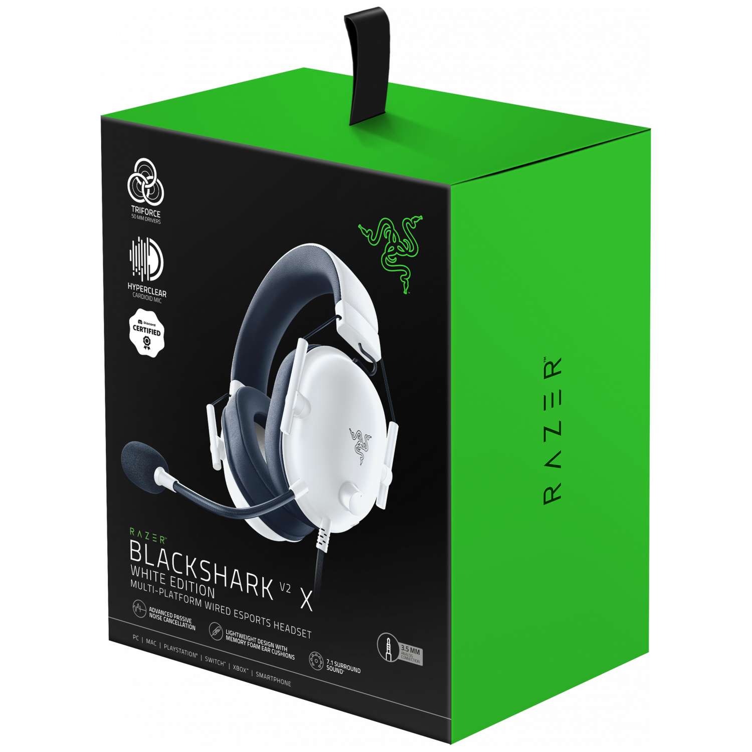 Packaging of a white Razer Blackshark V2 X headset with microphone.