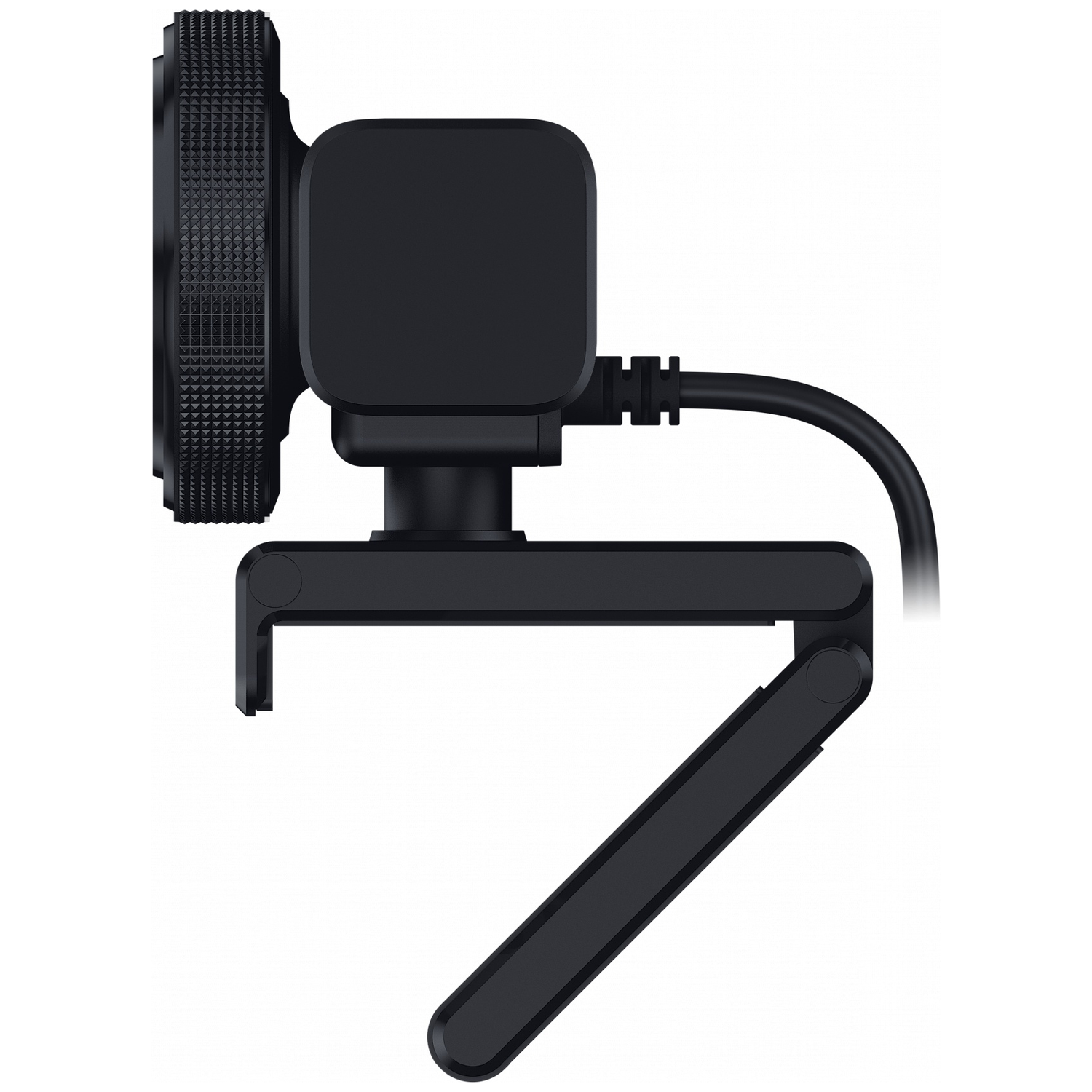 Webcam noire avec support réglable et câble, isolée sur fond blanc.