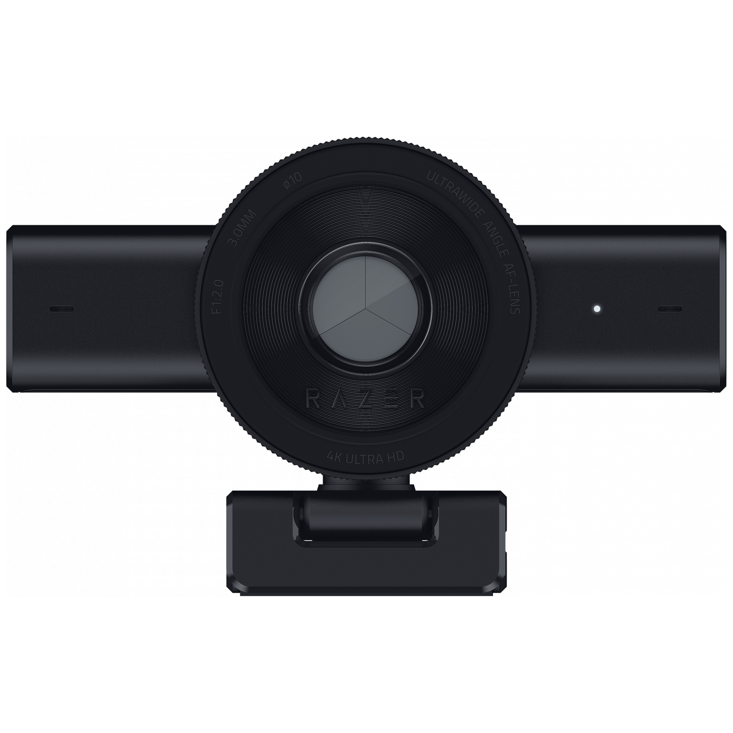 Black Razer webcam with ultrawide angle lens and 4K resolution.