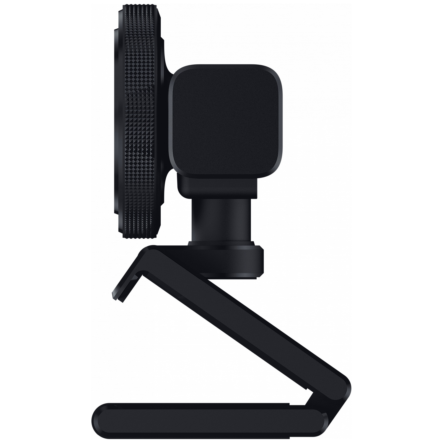 Black webcam lens with a textured ring and an adjustable stand.
