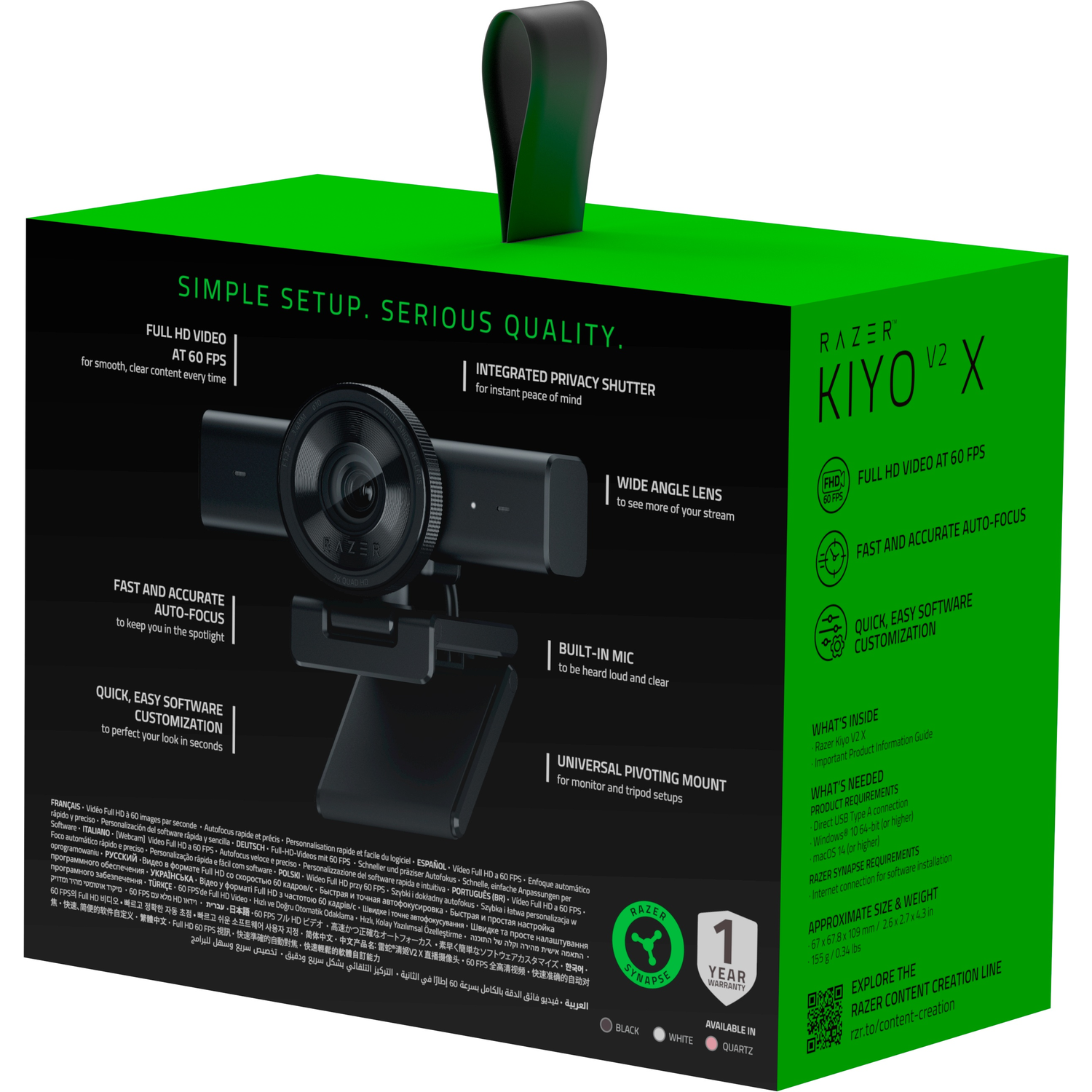 Emballage webcam Razer Kiyo V2 X montrant caractéristiques, specs et descriptions multilingues.