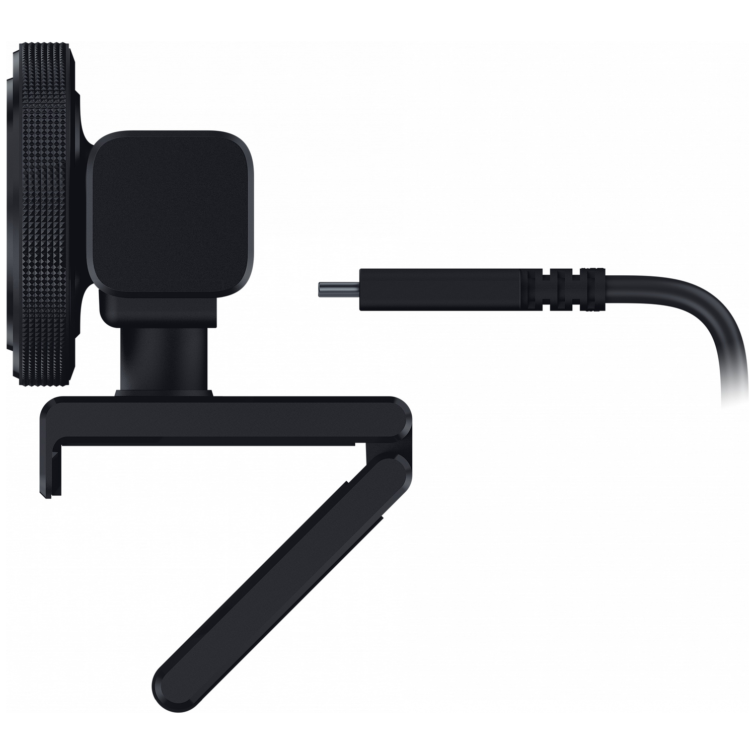 Black webcam with cable and integrated stand on a white background.
