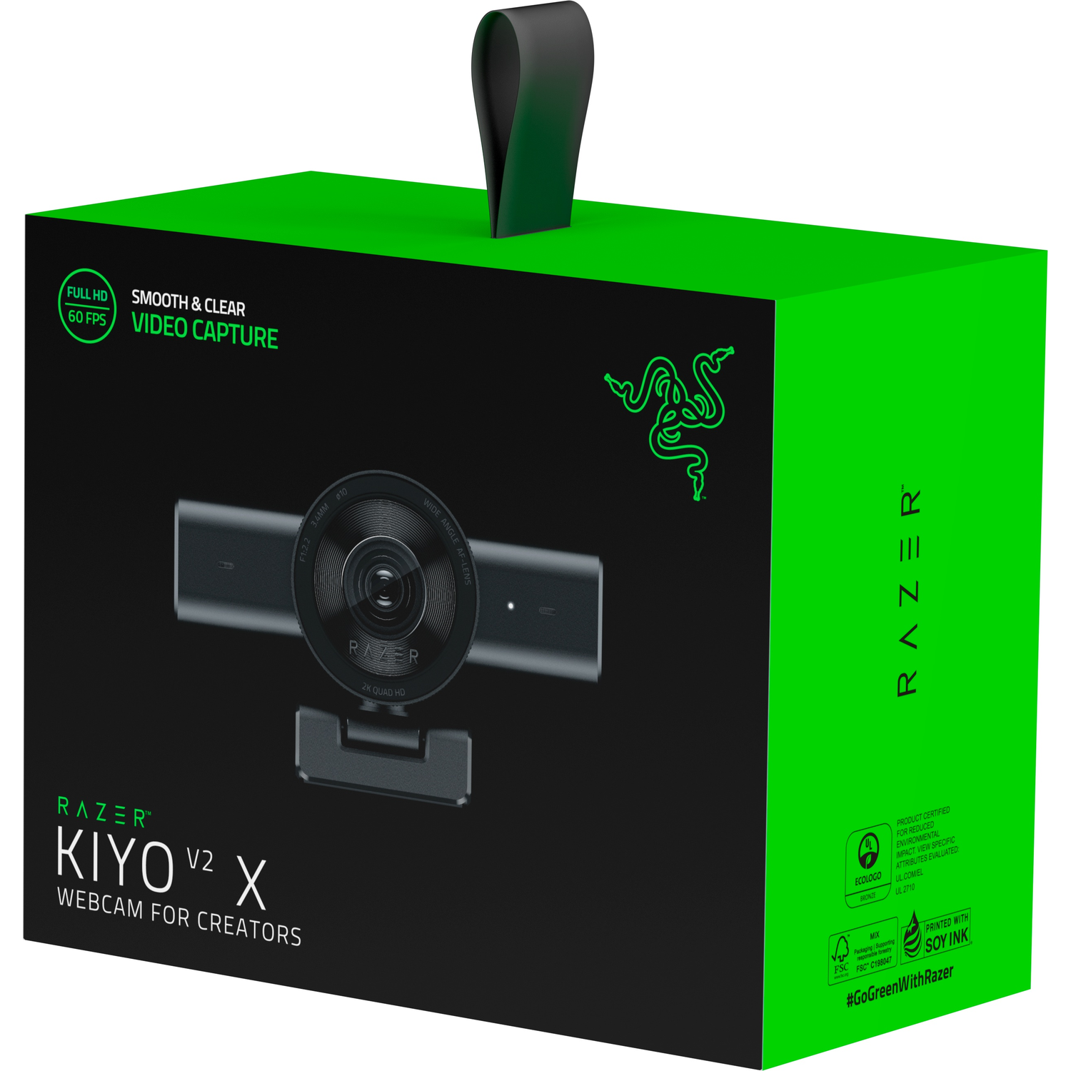 Boîte de webcam Razer Kiyo V2 X montrant la webcam et les détails du produit.