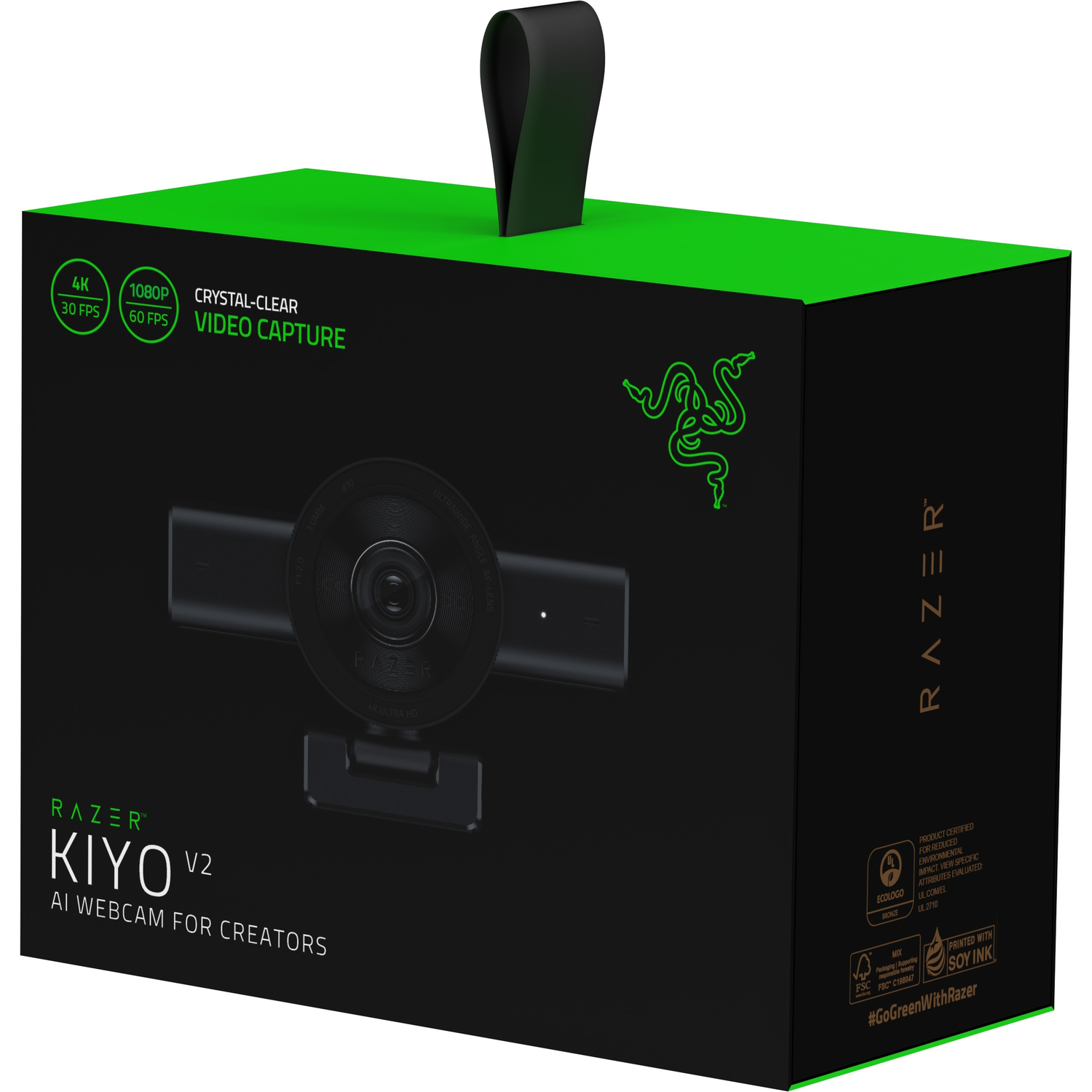 Razer Kiyo V2 AI Webcam box with camera and green accents.