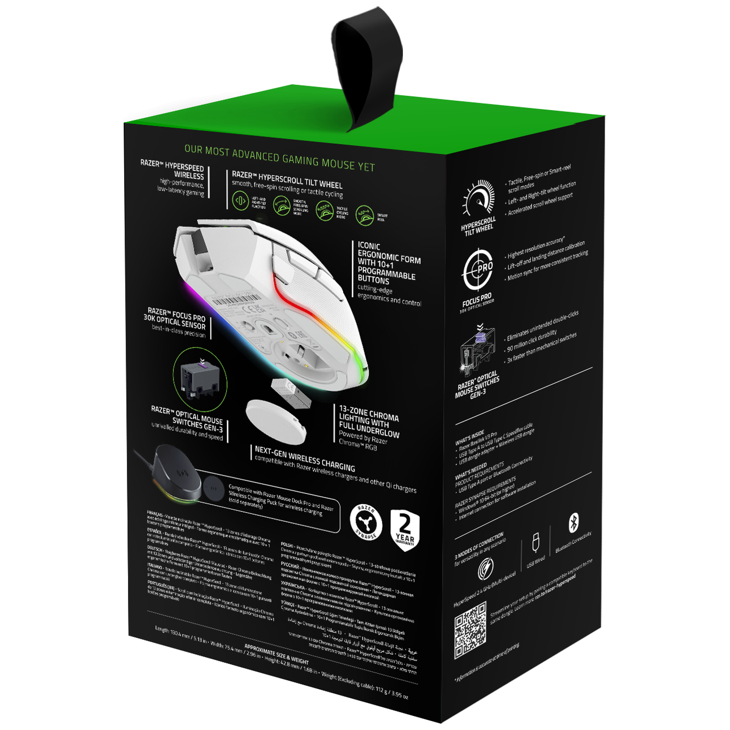 Razer gaming muis verpakking met functies: Hyperspeed draadloos, Focus Pro sensor, scrollwiel, RGB.
