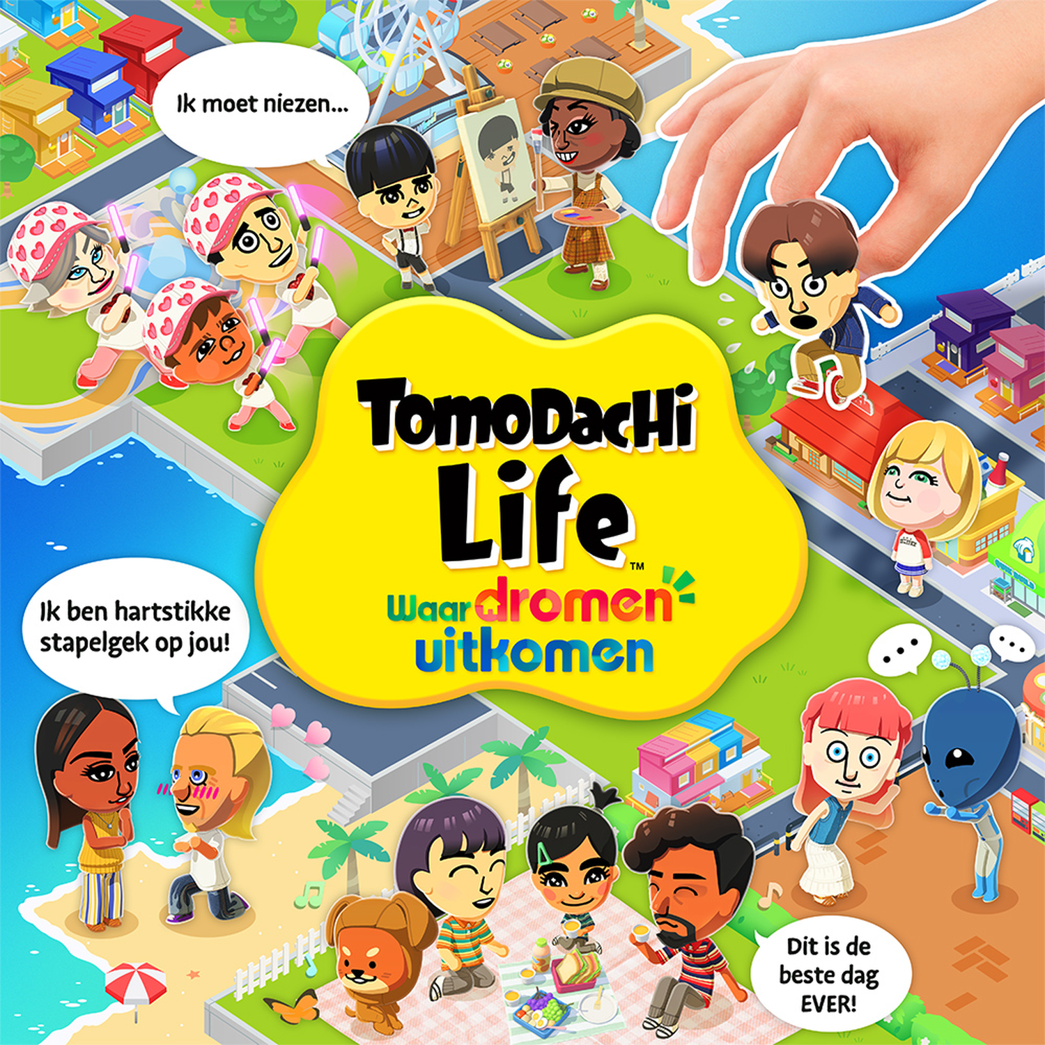 Kleurrijke stripfiguren in een stadsgezicht met de titel Tomodachi Life. Een duim tilt een personage op.