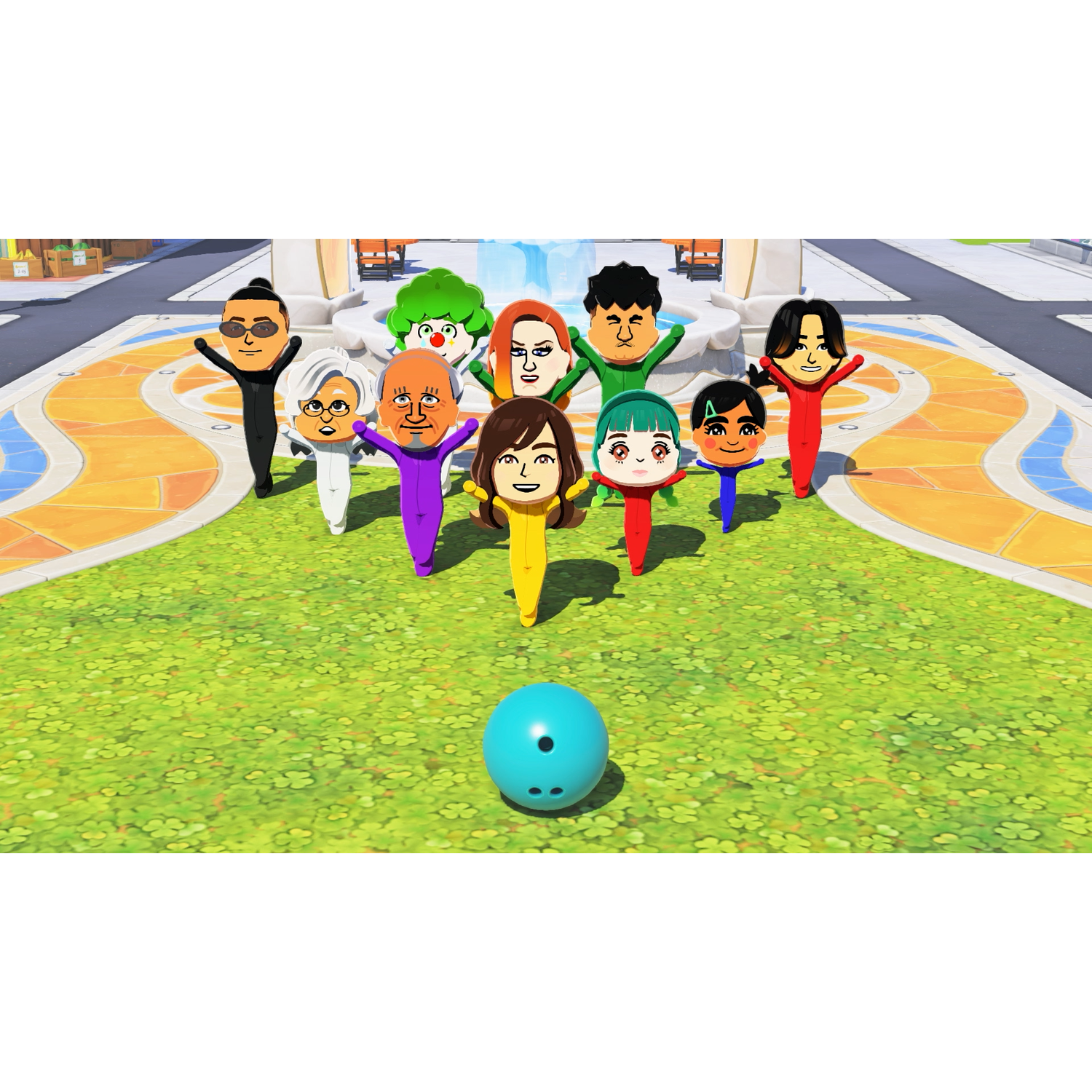Tien kleurrijke Mii-personages staan op gras met een bowlingbal.