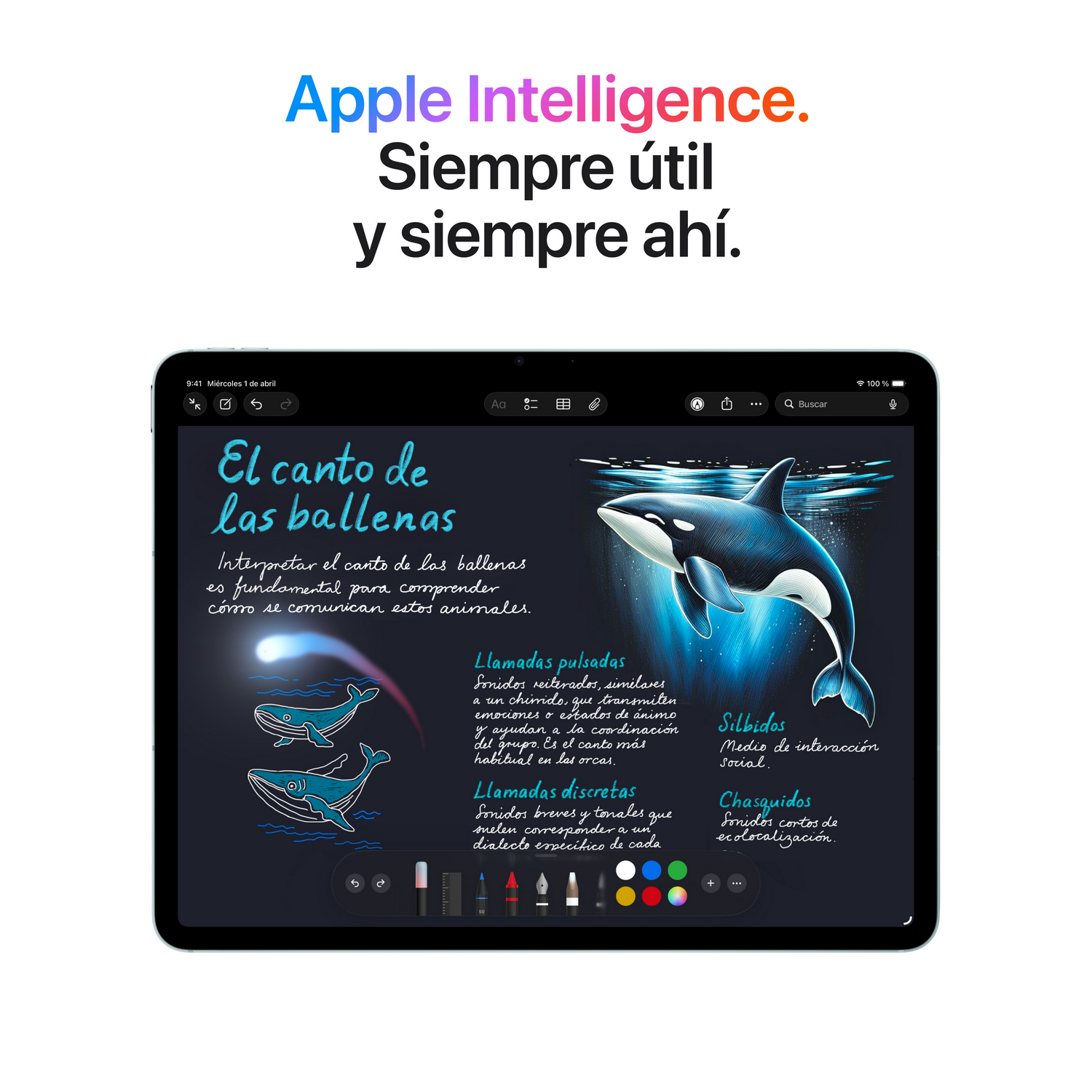 Tablet muestra dibujos de ballenas y explicación de su lenguaje. Apple Intelligence.