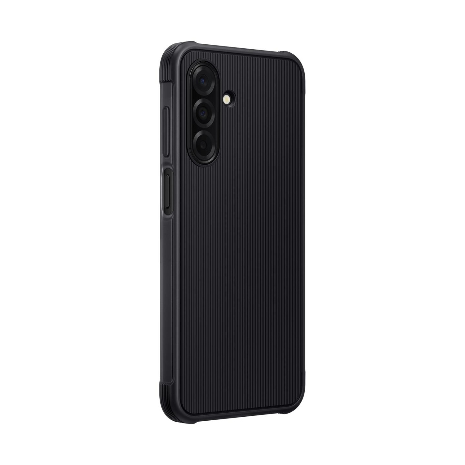 Custodia nera per telefono con texture a coste e lenti della fotocamera.
