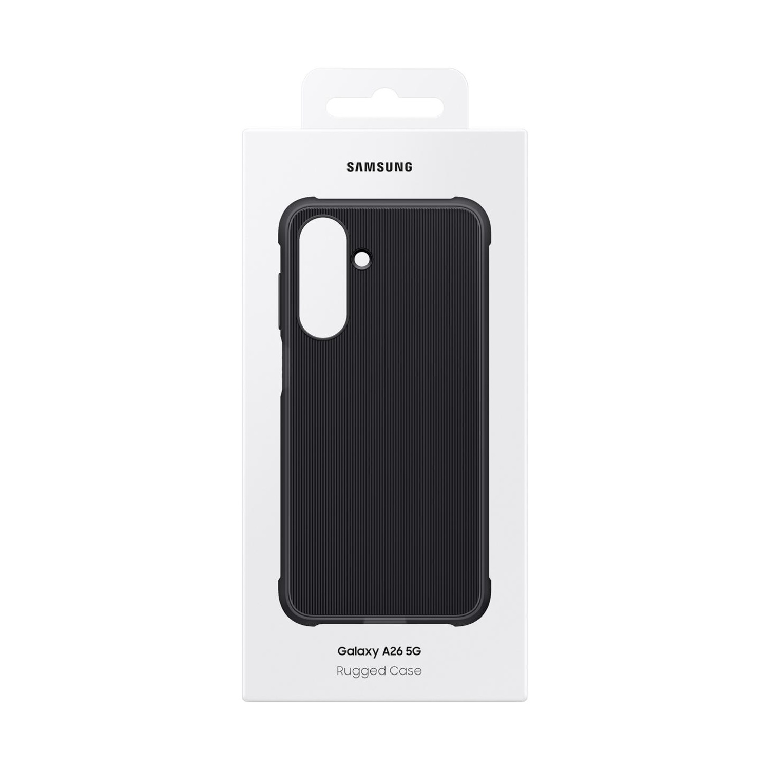 Custodia rigida nera Samsung Galaxy A26 5G in confezione.