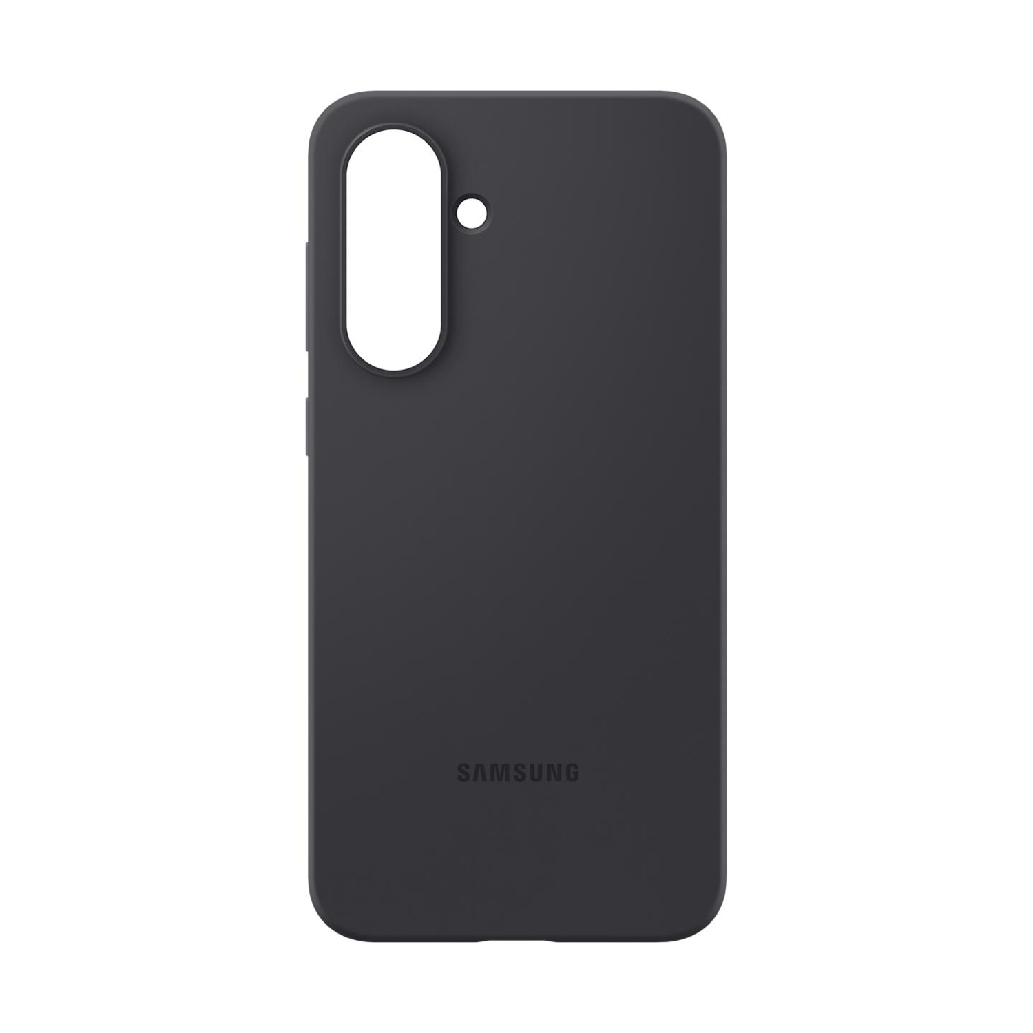 Custodia grigio scuro per telefono con ritaglio fotocamera e logo Samsung.