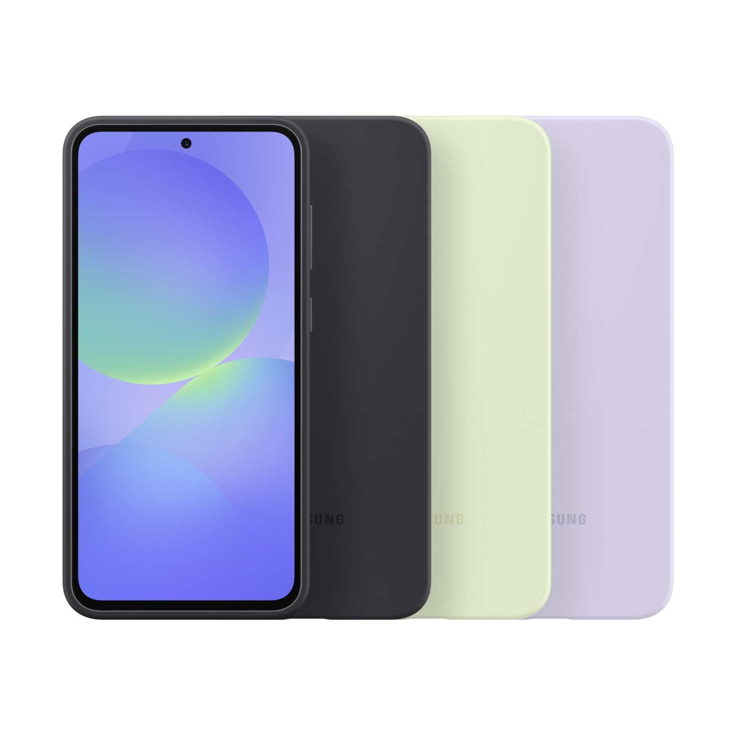 Uno smartphone nero con custodie verde chiaro e viola affiancate.