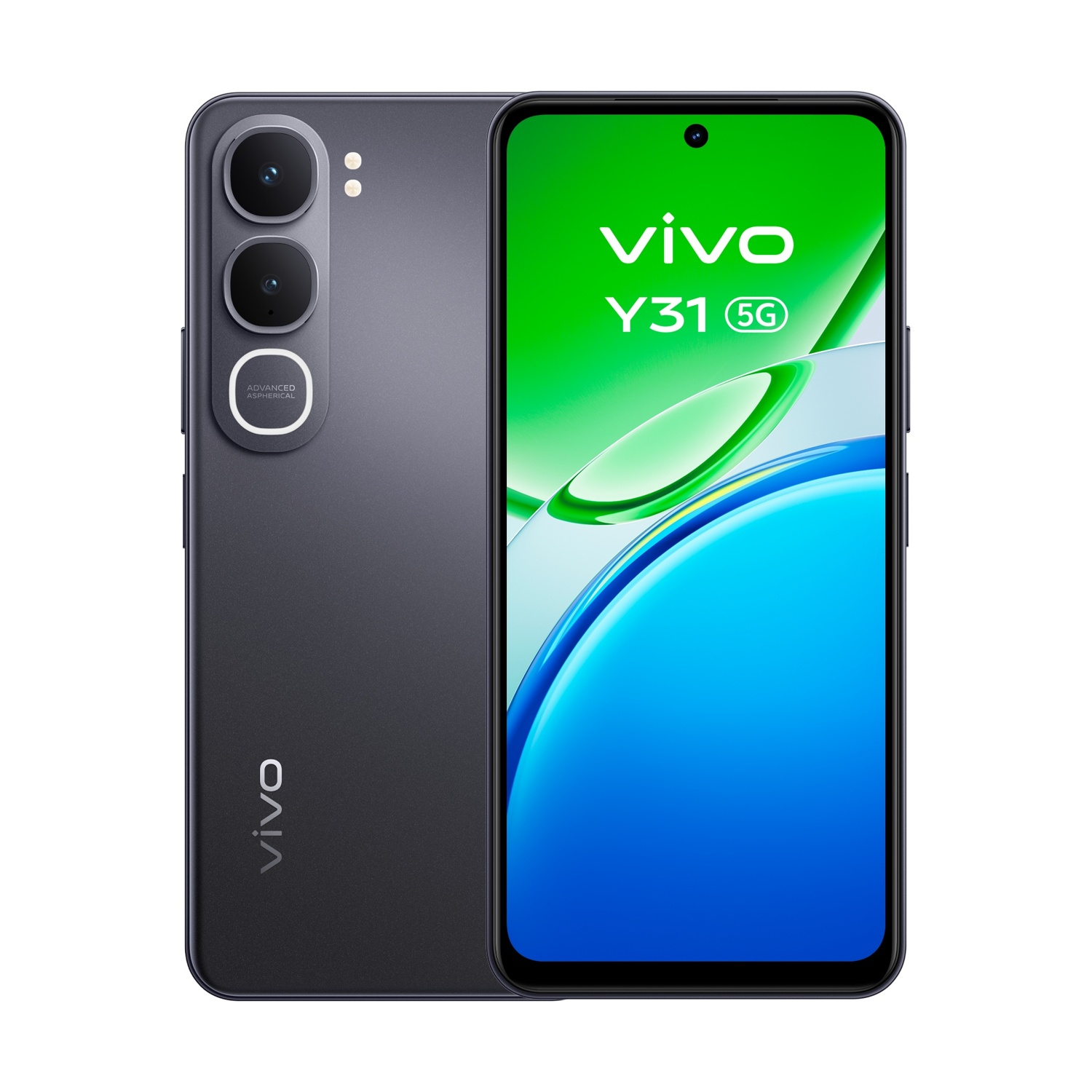 Smartphone grigio scuro Vivo Y31 5G con tripla fotocamera, su sfondo blu.