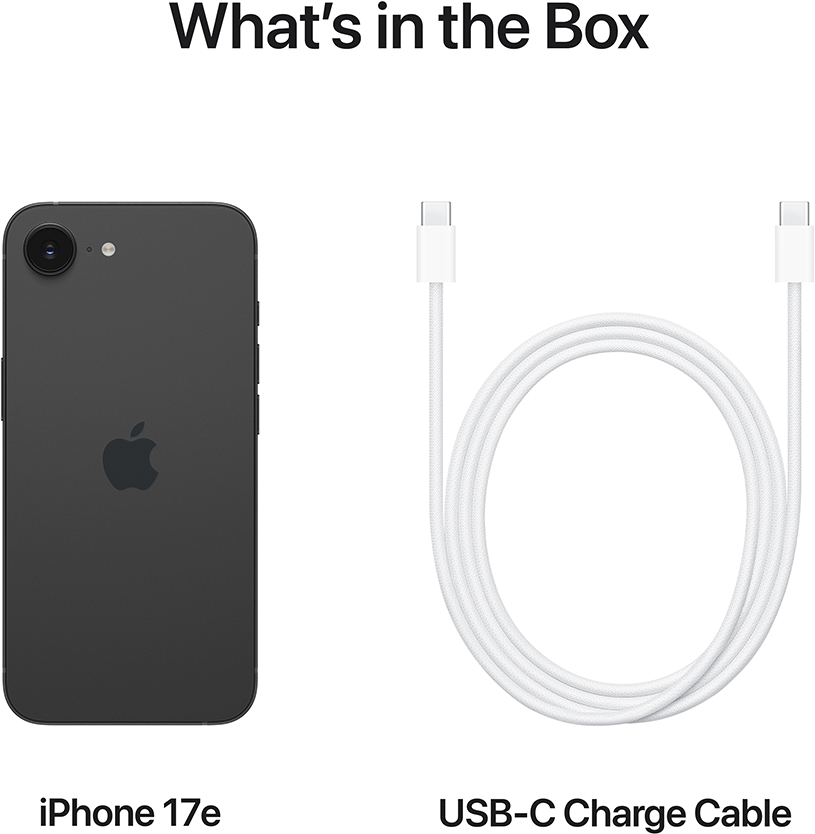 Egy sötét iPhone 17e és egy fehér USB-C töltőkábel látható.