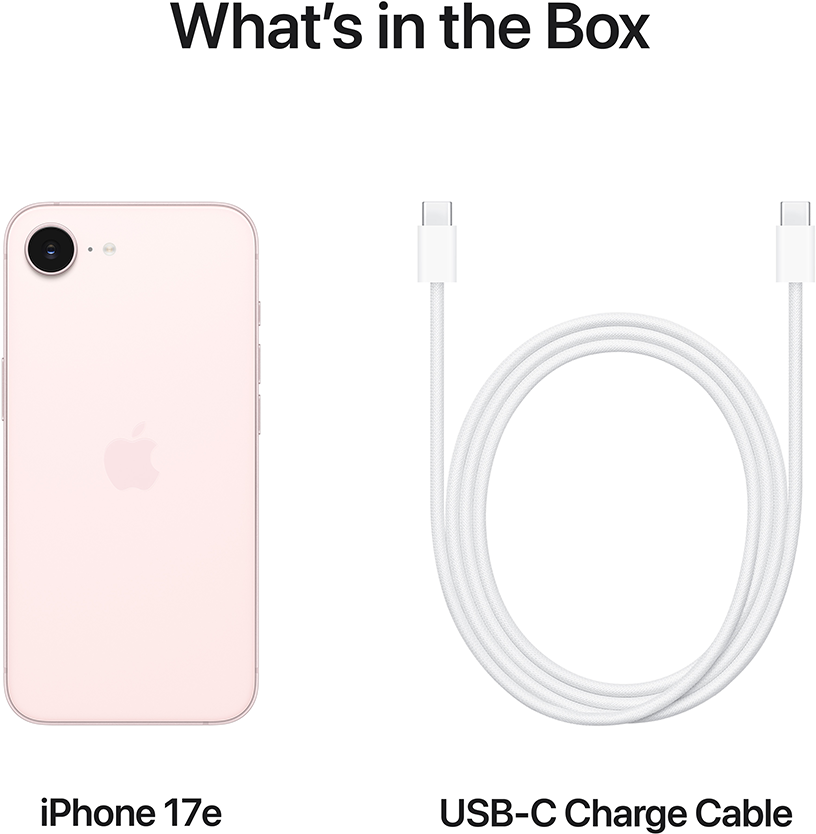 Egy rózsaszín iPhone 17e és egy fehér USB-C töltőkábel.