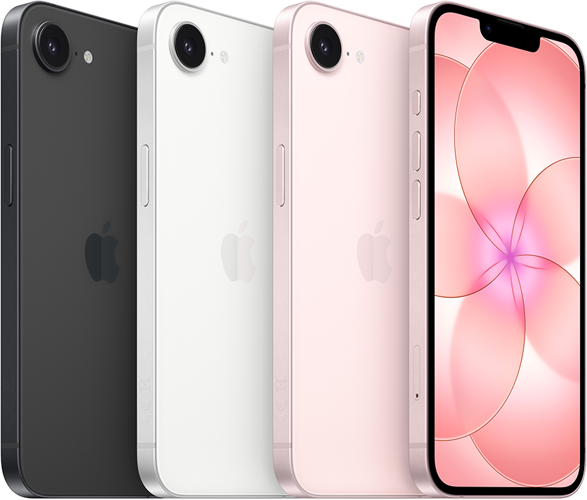 Négy iPhone fekete, fehér, rózsaszín és rózsaszín kijelzővel, egymás mellett.