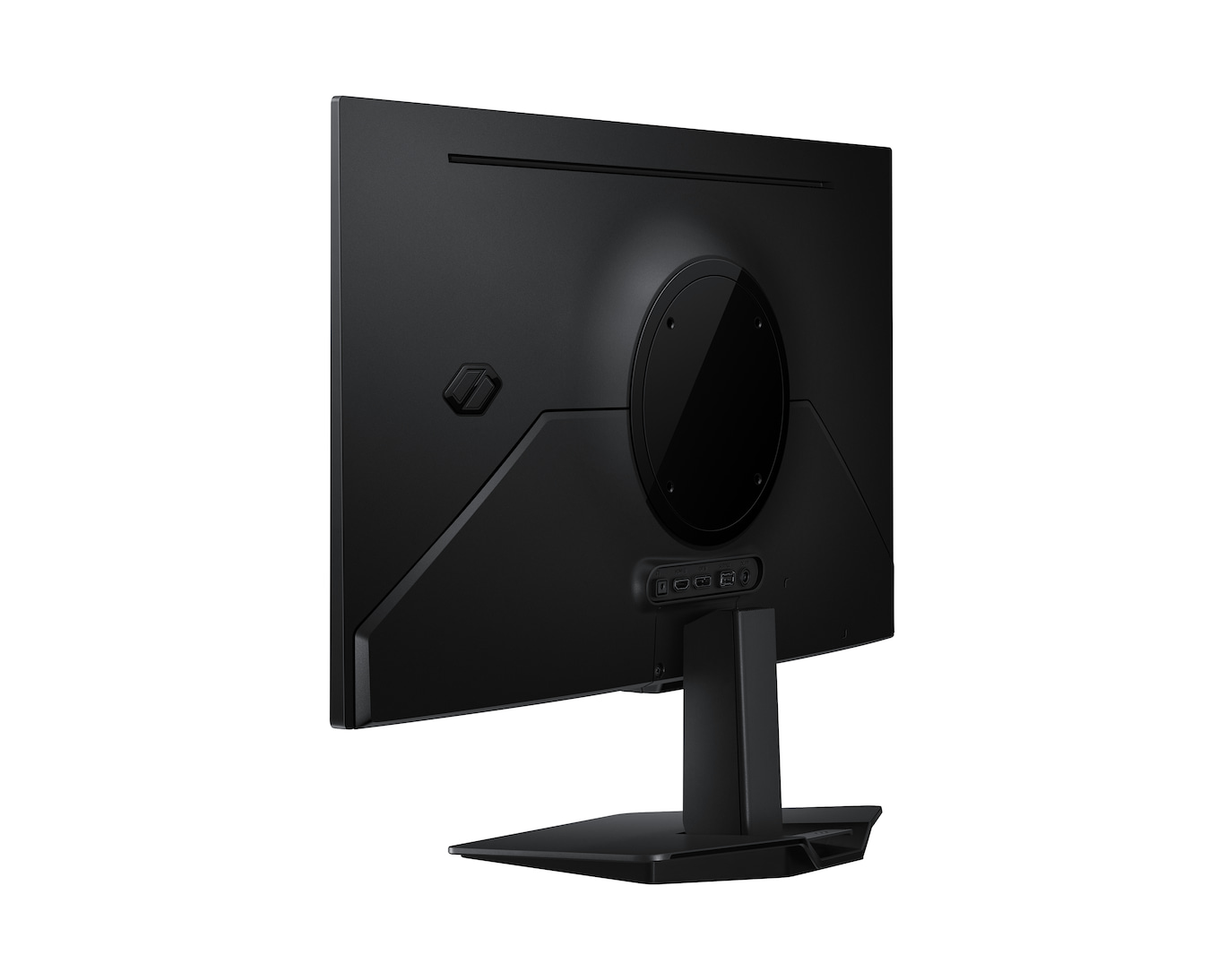 Tył czarnego monitora z portami i podstawką. Minimalistyczny design.