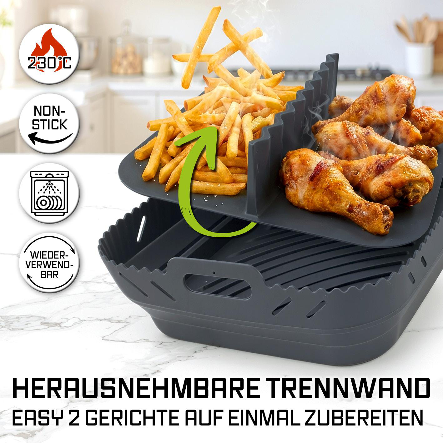 Air fryer Einsatz mit Trennwand, Pommes und Hähnchenschenkel.