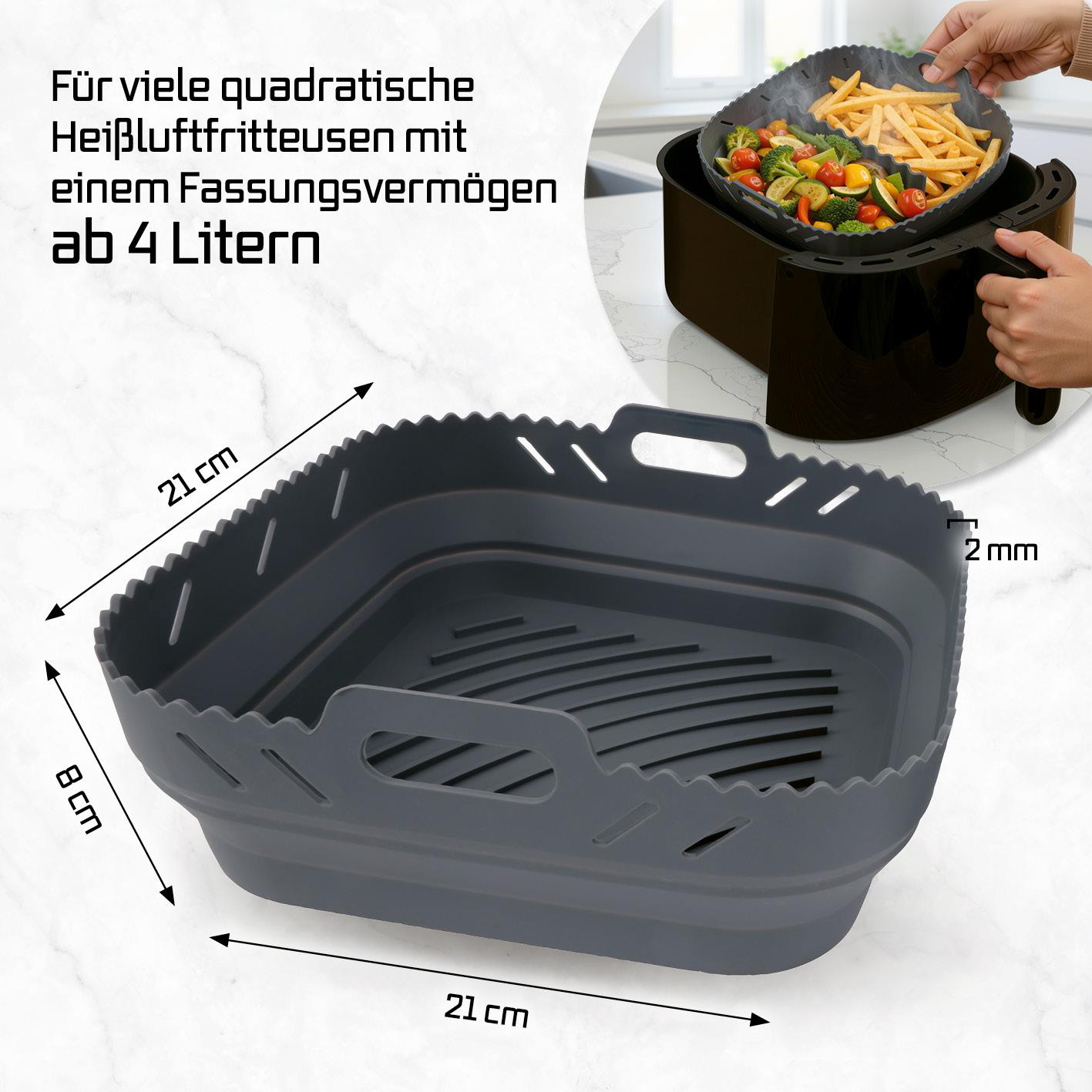 Grauer Silikoneinsatz für Heißluftfritteusen mit Maßen 21x21x8 cm.