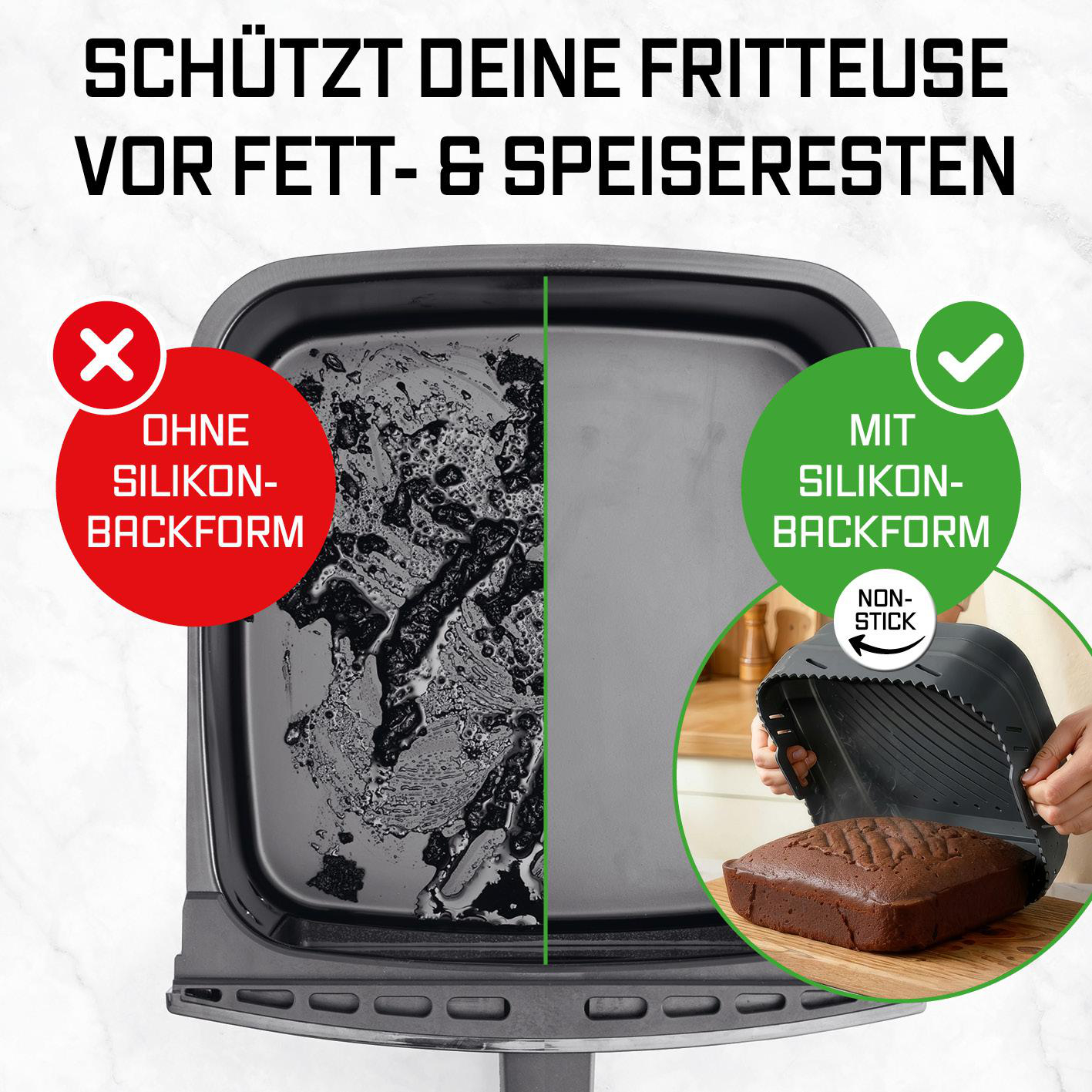 Frittierkorb mit Silikonform vs. ohne. Zeigt Vergleich von Sauberkeit und einem Kuchen.