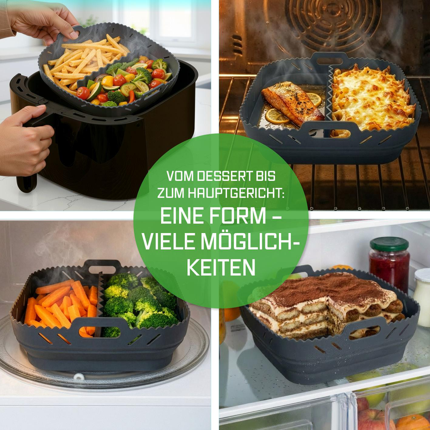 Silikonform mit verschiedenen Gerichten: Pommes, Gemüse, Lachs, Nudeln, Karotten, Brokkoli, Tiramisu.