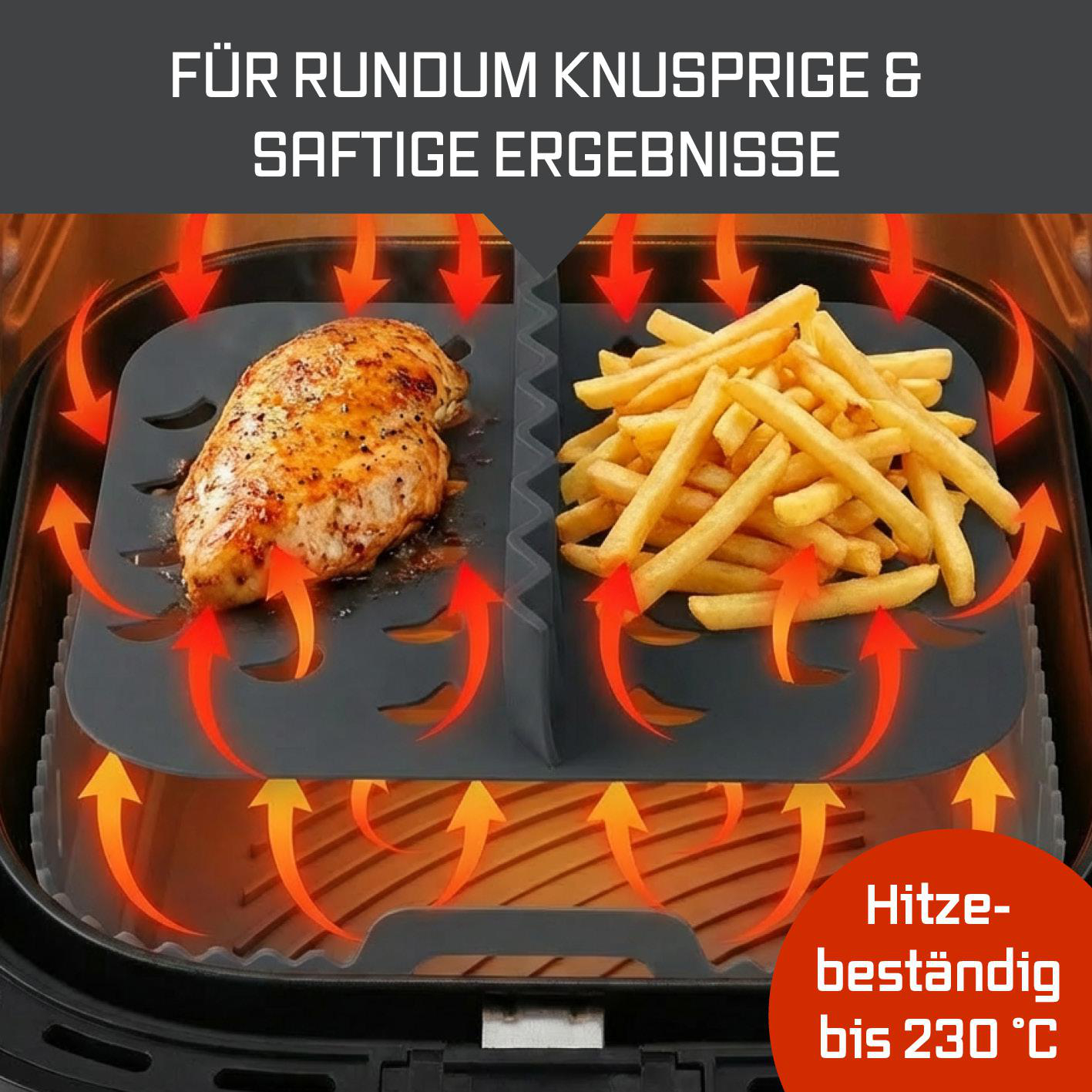 Hähnchenbrust und Pommes Frites in einem Airfryer auf einer Silikonmatte.
