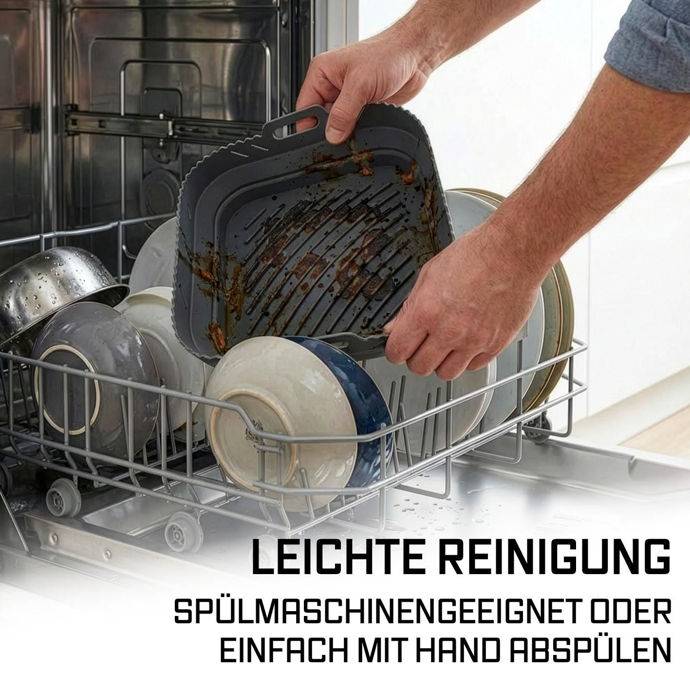 Graue Bratpfanne mit Essensresten wird in den Geschirrspüler gestellt.