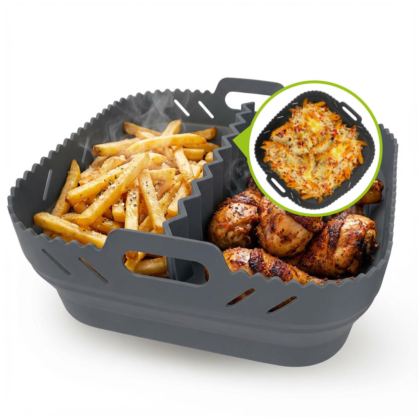 Grauer Silikon-Heißluftfritteusenkorb mit Pommes und Hähnchenschenkeln.