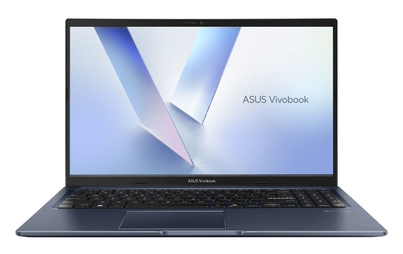 Ciemnoniebieski laptop ASUS Vivobook jest otwarty, widoczna klawiatura i touchpad.
