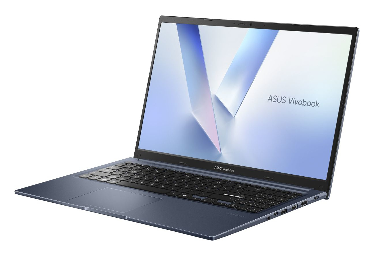 Niebieski laptop ASUS Vivobook z klawiaturą i ekranem na białym tle.