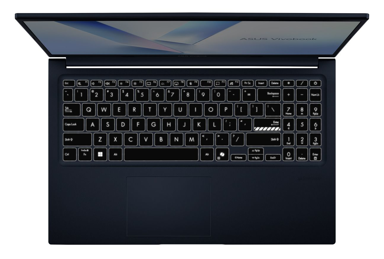 Ciemnoniebieski laptop Asus Vivobook, otwarty z góry, z podświetlaną klawiaturą.