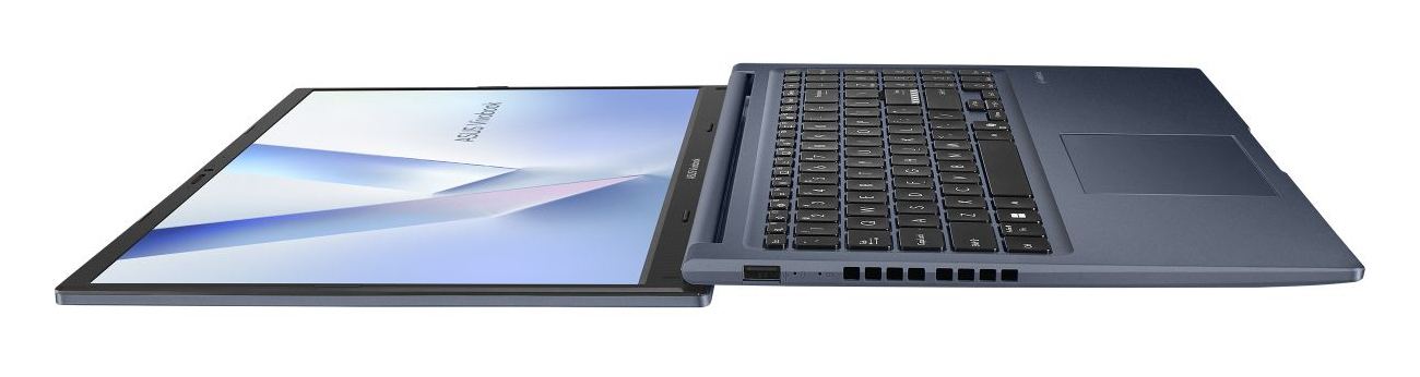 Otwarty niebieski laptop z klawiaturą i ekranem wyświetlającym logo ASUS Vivobook.