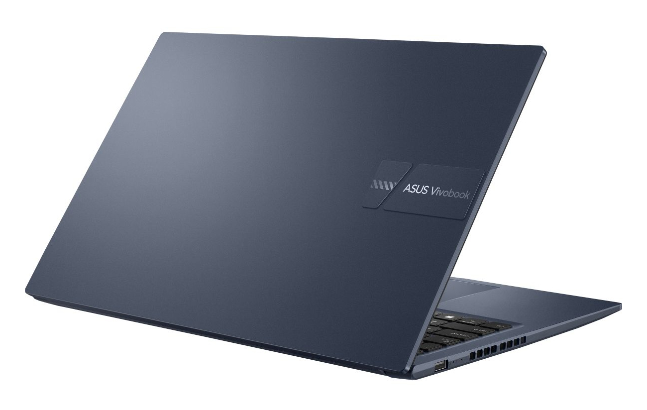 Ciemnoniebieski laptop Asus Vivobook z klawiaturą i logo.