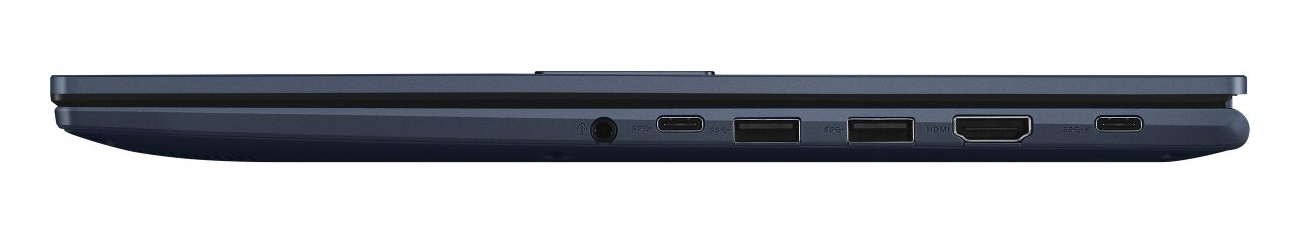 Widok z boku ciemnoniebieskiego laptopa pokazujący porty: gniazdo słuchawkowe, USB-C, USB-A, HDMI.