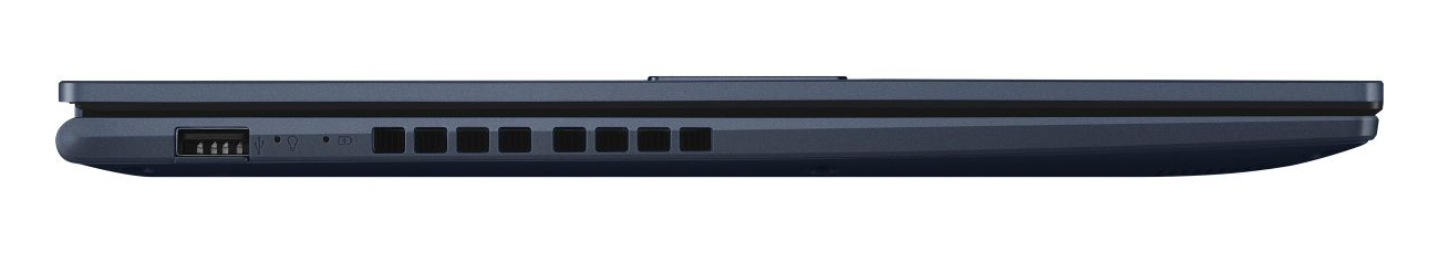 Boczny widok ciemnoniebieskiego laptopa z portem USB i otworami wentylacyjnymi.