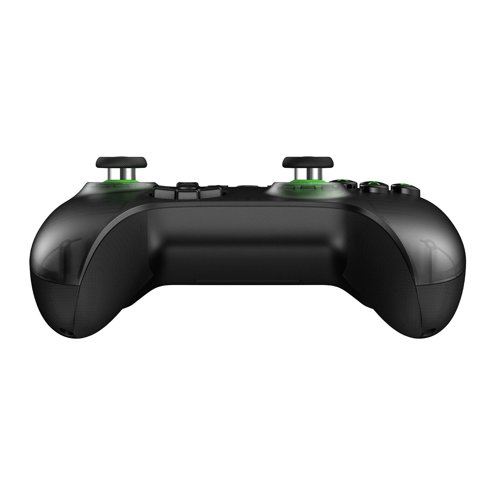 Schwarzer Gaming-Controller mit grünen Akzenten und analogen Sticks.