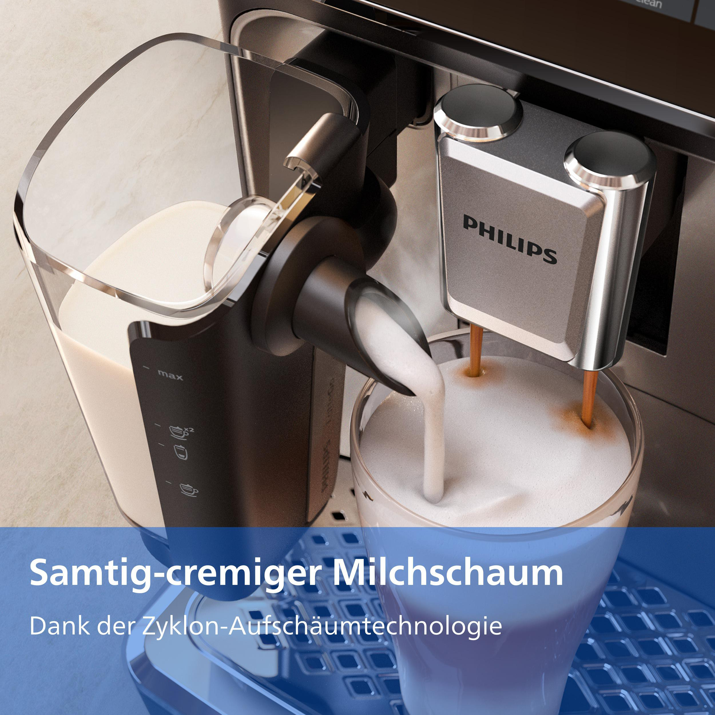 Kaffeemaschine schäumt Milch in ein Glas. Philips Logo sichtbar.