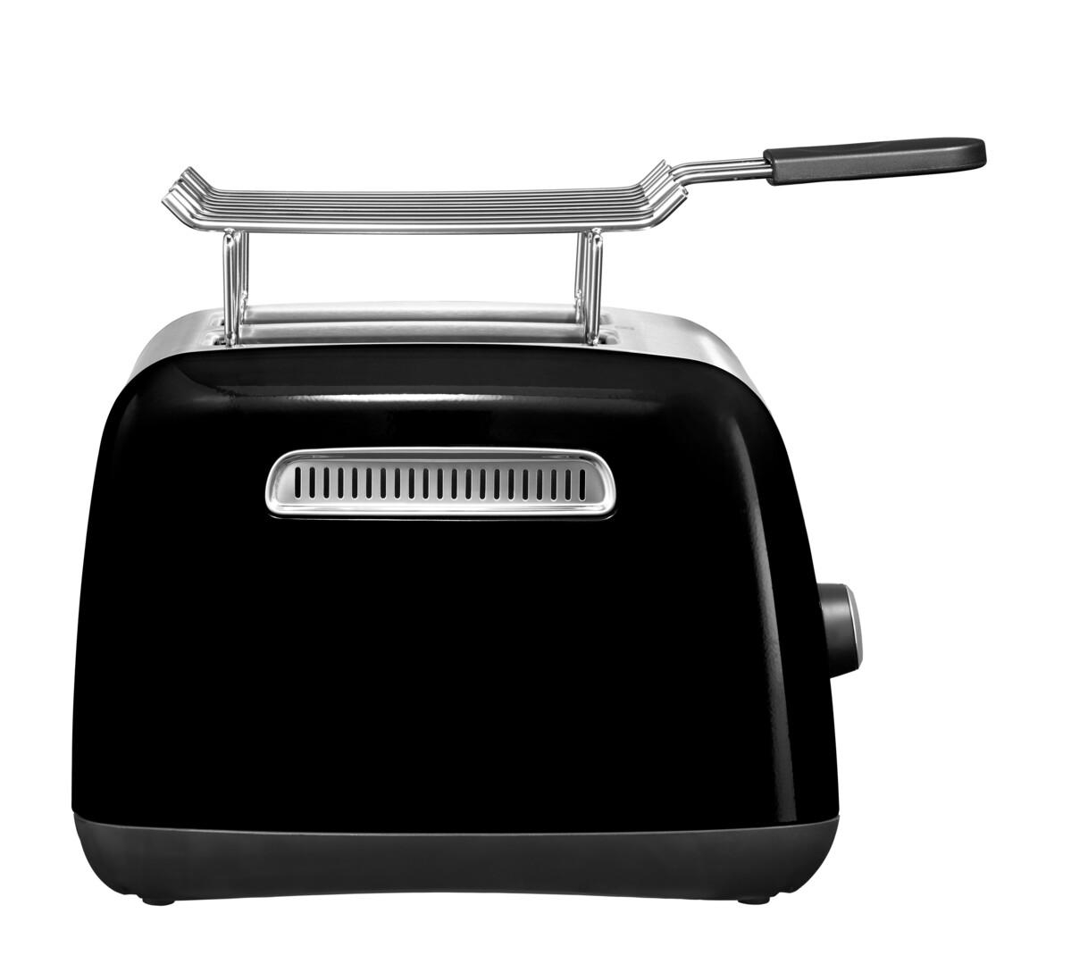 Ein schwarzer Toaster mit Chrom-Akzenten und einem ausziehbaren Rost.