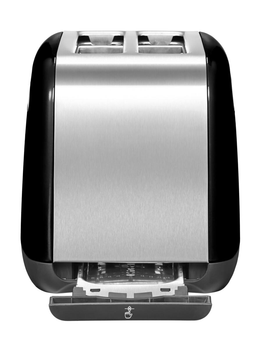 Ein silberner Toaster mit schwarzen Seiten und zwei Schlitzen.