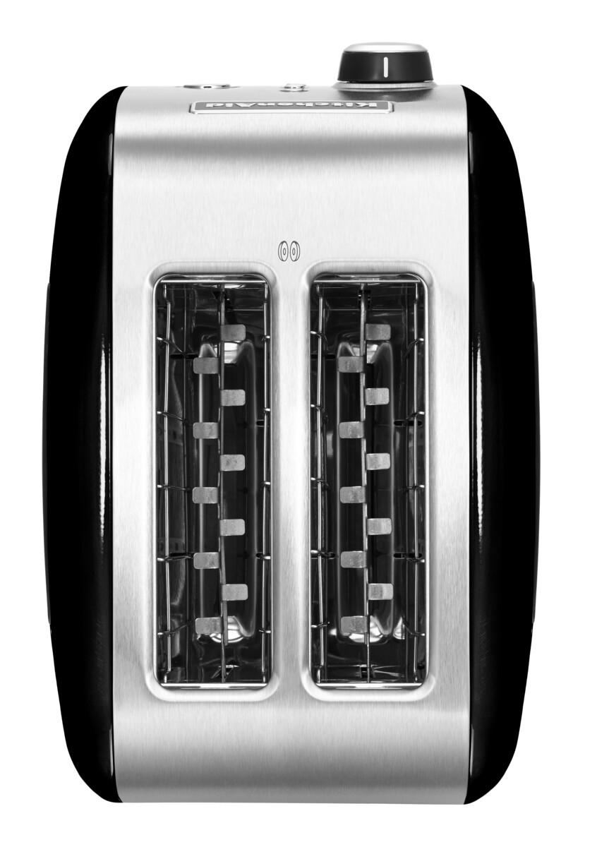Ein silberner Toaster mit schwarzen Seiten und zwei Schlitzen.