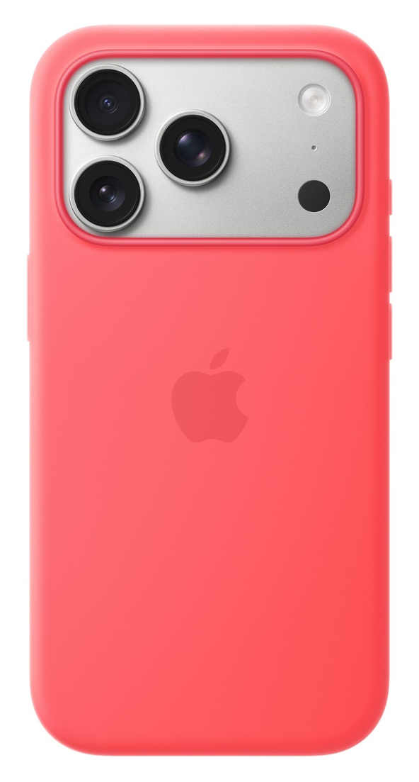 Czerwony iPhone z trzema aparatami i logo Apple.