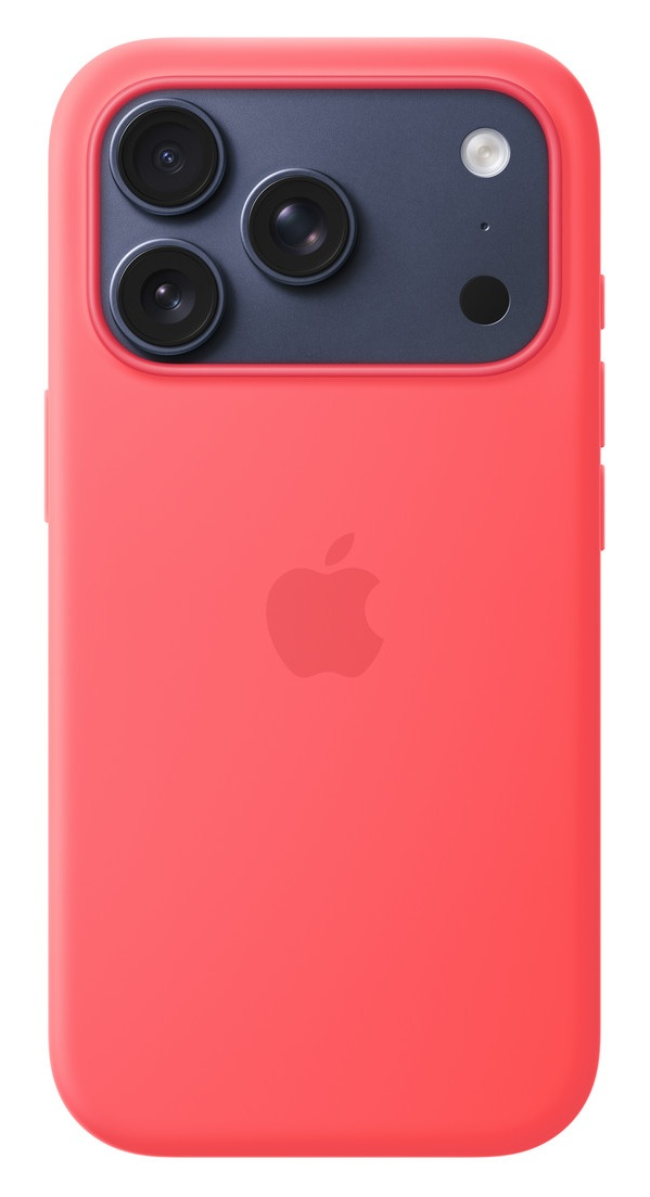 Czerwone etui na telefon z trzema obiektywami i logo Apple.