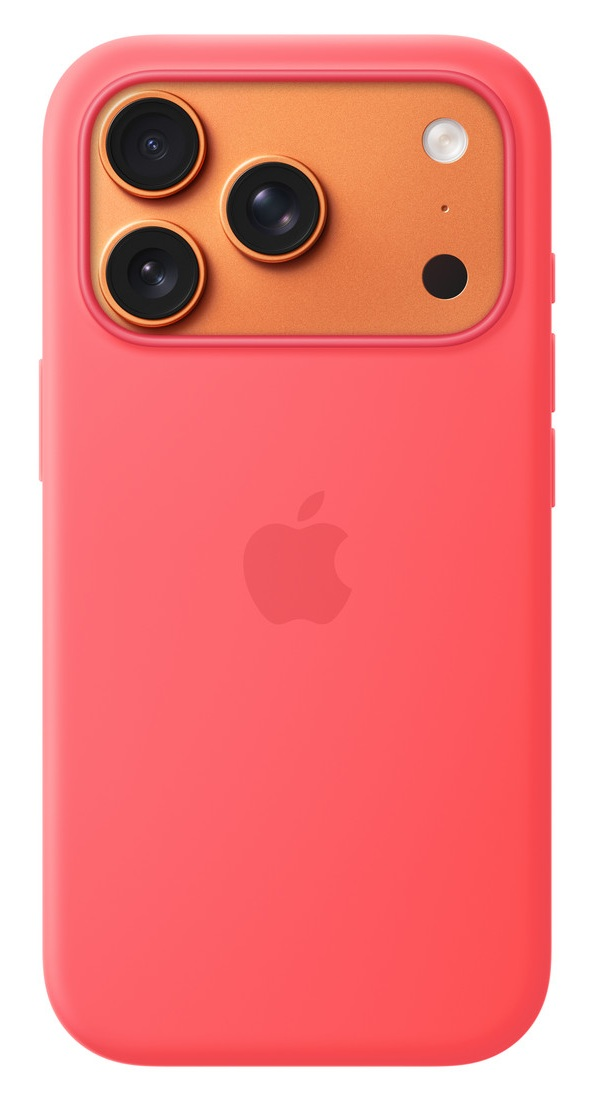 Czerwony iPhone z trzema obiektywami i lampą błyskową.