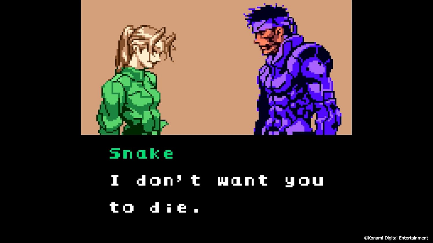 Personaggi pixel: Donna in verde, uomo in viola. Testo: Snake, non voglio che tu muoia.